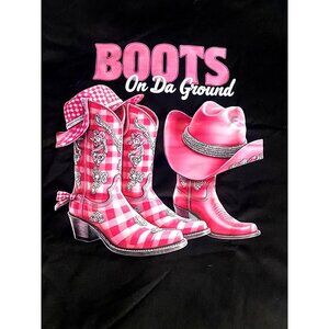 Black T-Shirt With Pink "Boots On Da Ground" Graphic Design Size XL
